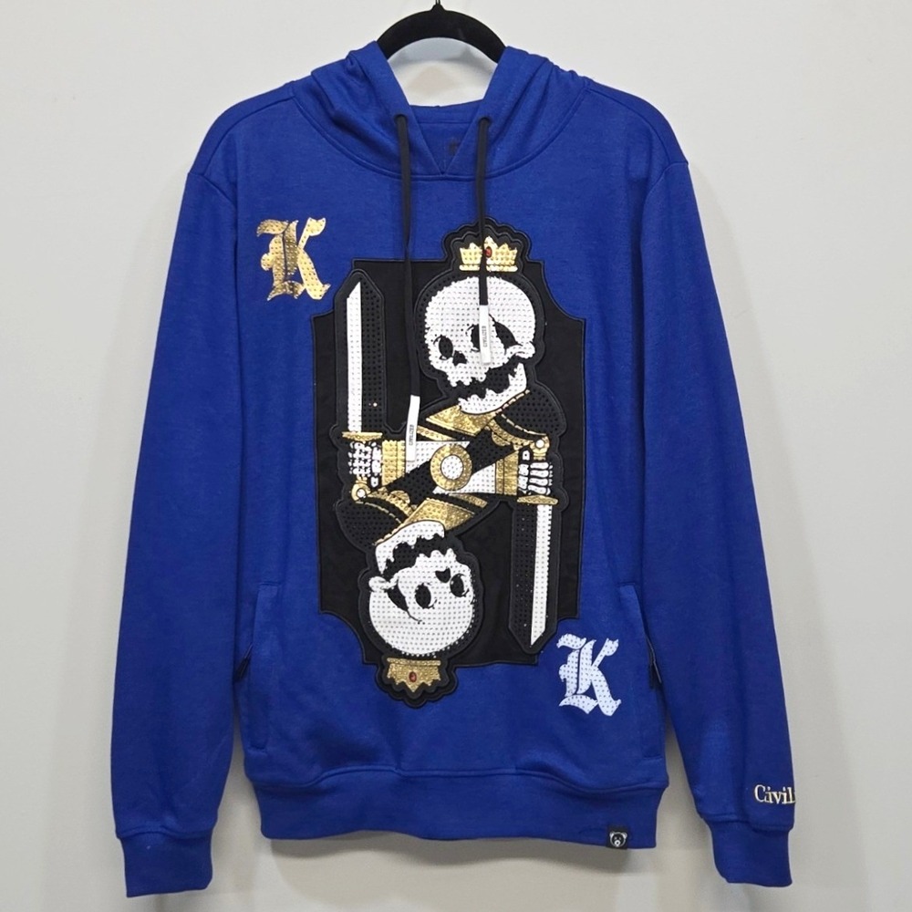 Civilized King Skull Hoodie Medium Royal Blue Rhinestone McBling Streetwear Y2K